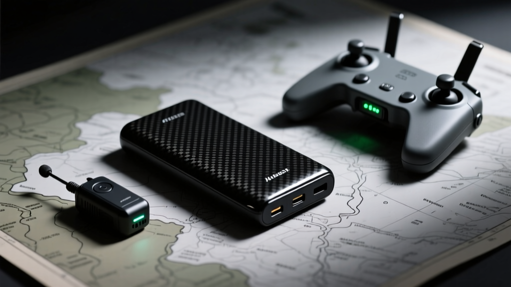 Matte black carbon fiber power bank on a tactical map next to a covert listening device and drone controller in dim lighting