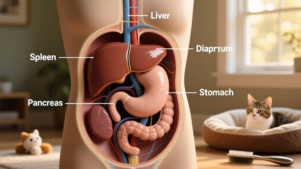 Illustration of a cat's abdominal anatomy highlighting the liver's location near the diaphragm, stomach, pancreas, and spleen