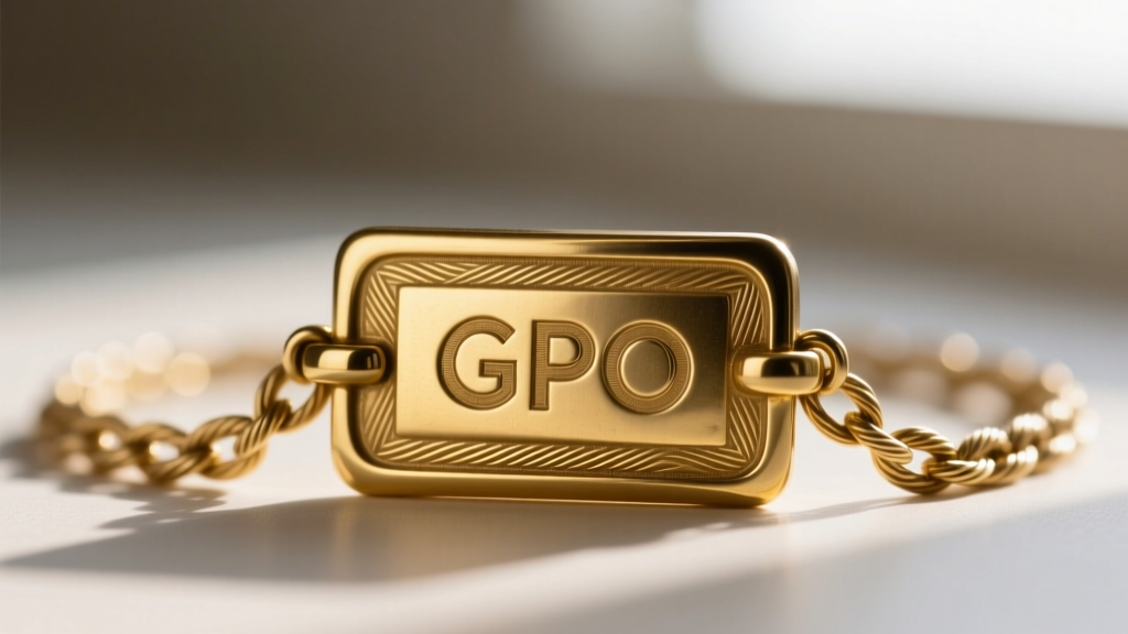 Macro shot of a GPO stamped brass clasp on a delicate cable chain, showing the thick gold overlay texture and precise engraving.