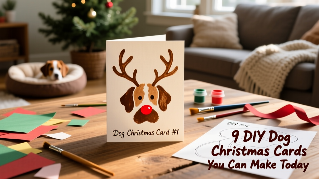 A handmade Christmas card featuring a dog's inked paw print transformed into a festive reindeer with antlers and a red nose