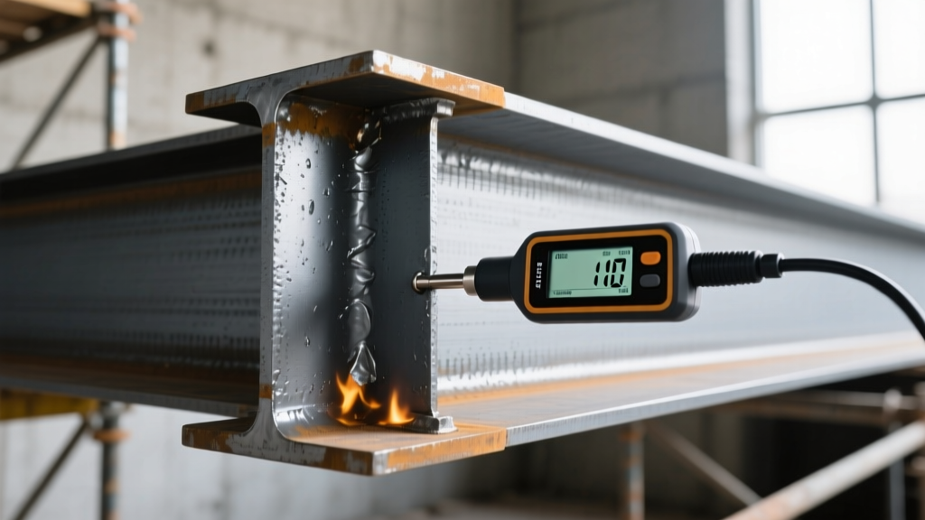 Close-up of structural steel I-beam coated in gray intumescent fireproofing paint being inspected with a digital moisture meter in a commercial frame