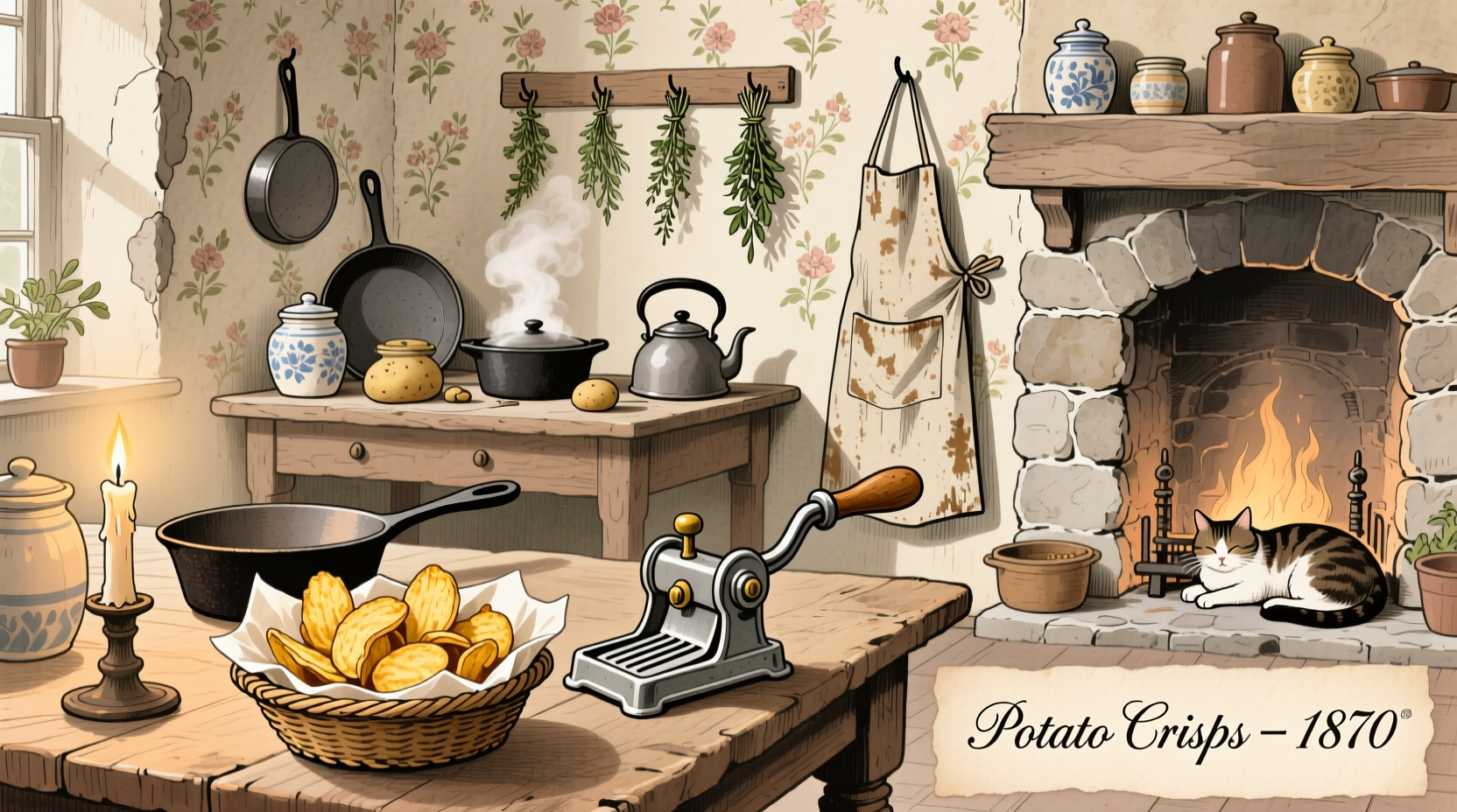 Vintage illustration of 19th century kitchen with potato crisps