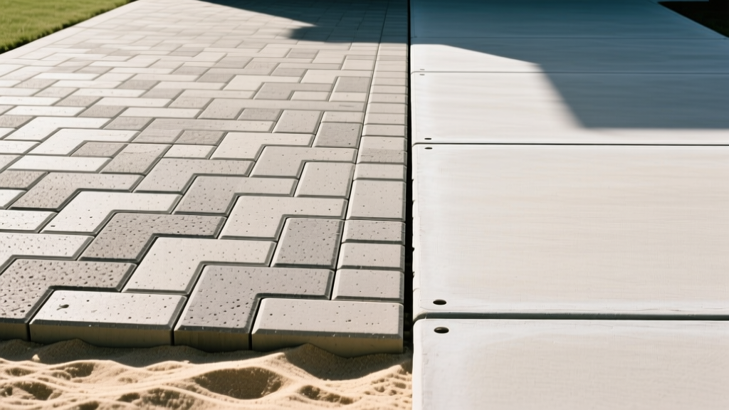 Split-view of interlocking concrete driveway pavers on sand base beside a smooth poured concrete driveway with control joints