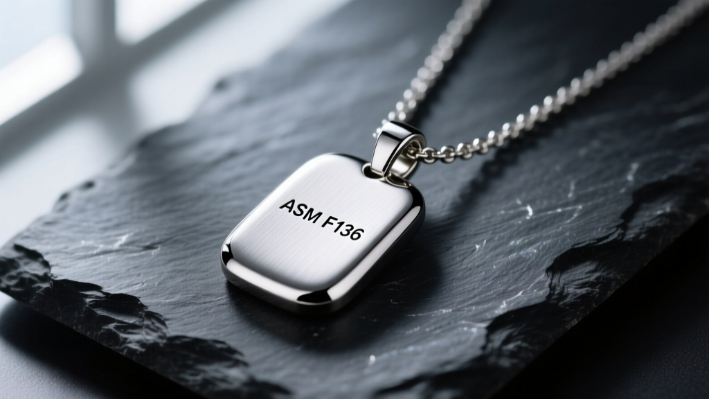 Macro photography of a polished ASTM F136 titanium pendant necklace resting on dark slate, highlighting hypoallergenic metal.