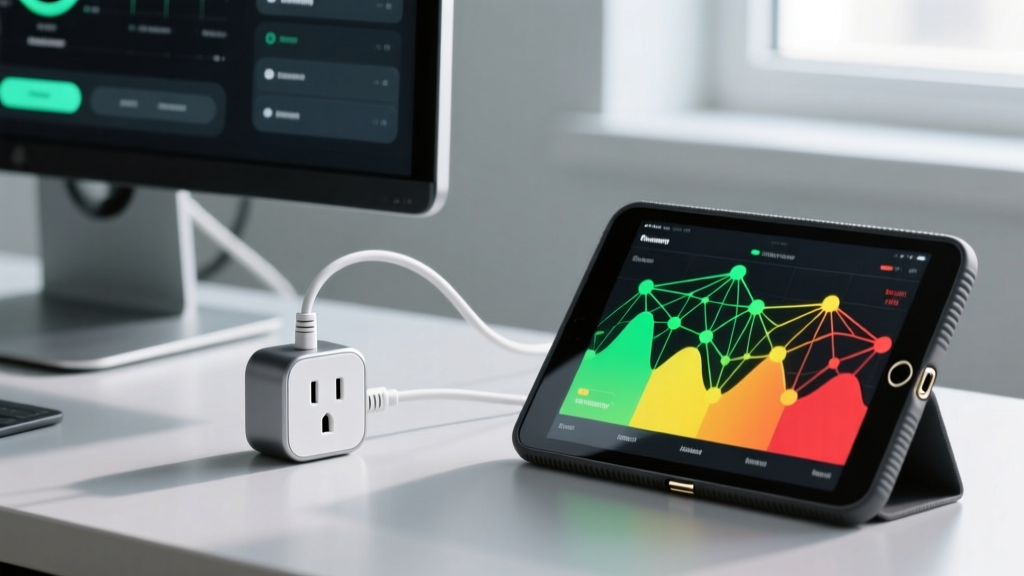 Thread-enabled smart plug connected to a monitor, with a mesh network diagnostic tablet showing signal strength nearby.