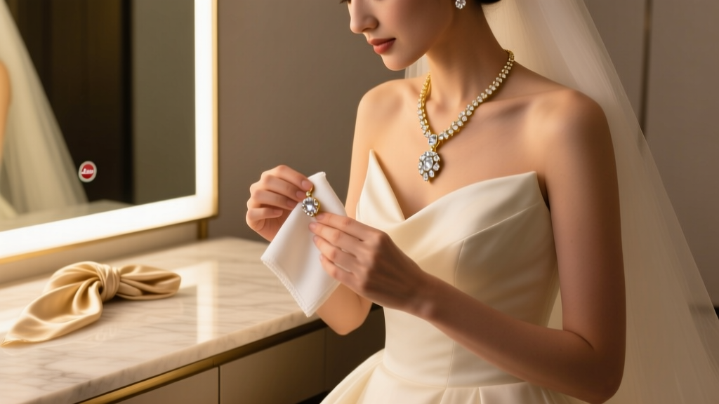 Bride gently wiping a rented gold and pavé diamond pendant with a lint-free microfiber cloth under warm vanity lighting