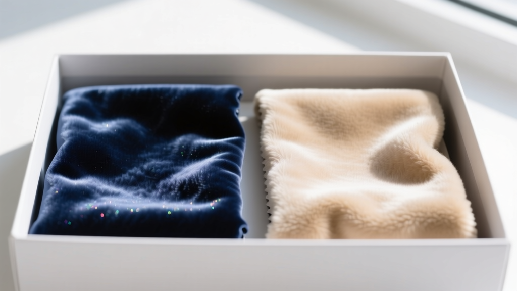 Macro close-up comparing crushed synthetic polyester velour on the left and plush breathable cotton velvet on the right in a box.