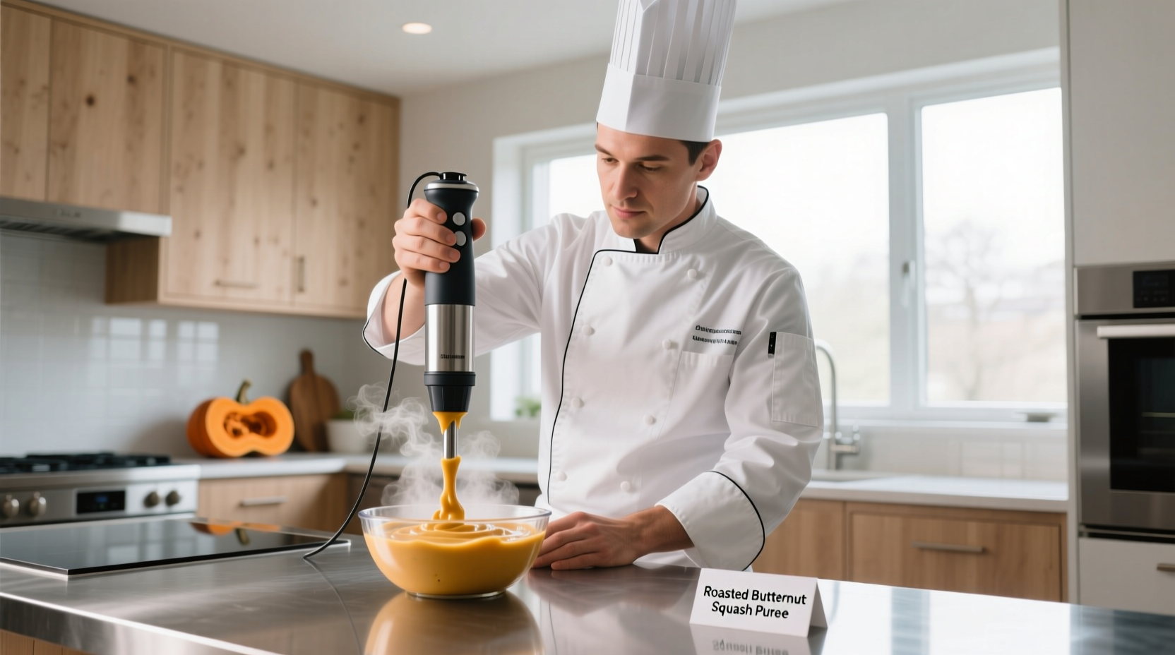 Professional chef demonstrating food pureeing technique