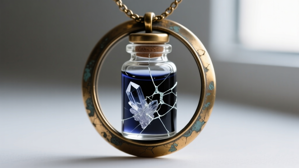 Macro shot of a cracked mood necklace glass vial revealing dark, degraded liquid crystals inside a tarnished brass bezel