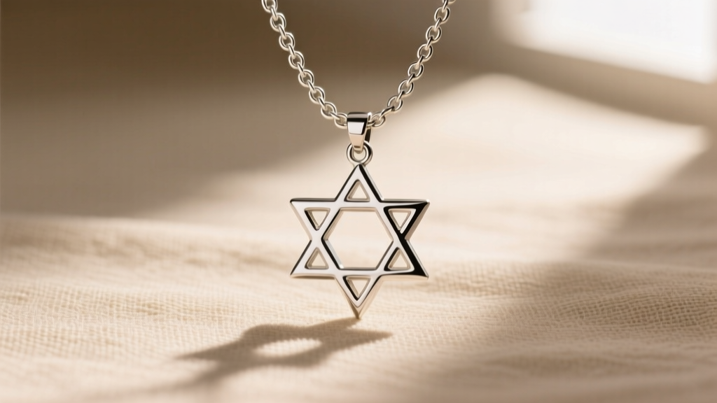 20-gauge sterling rolo chain threaded through a hollow Star of David pendant, photographed against a soft beige linen backdrop.