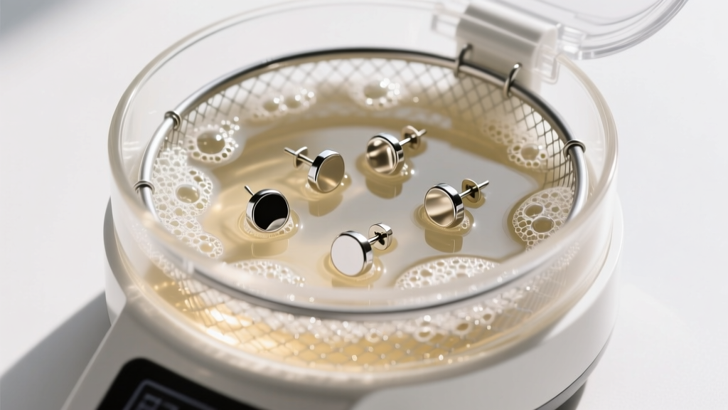 An ultrasonic cleaner filled with soapy water, holding a mesh basket containing several 20-gauge stainless steel stud earrings.