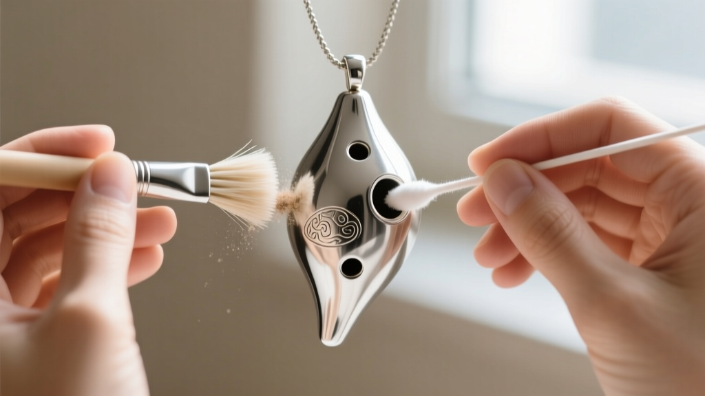 A pair of hands using a soft-bristled brush and a cotton swab to carefully clean the windway of a silver metal ocarina pendant.