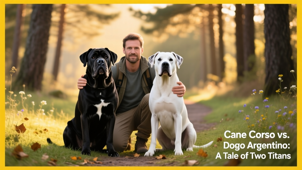 Two well-socialized adult dogs—one Cane Corso and one Dogo Argentino—calmly sitting beside their owner on a grassy trail