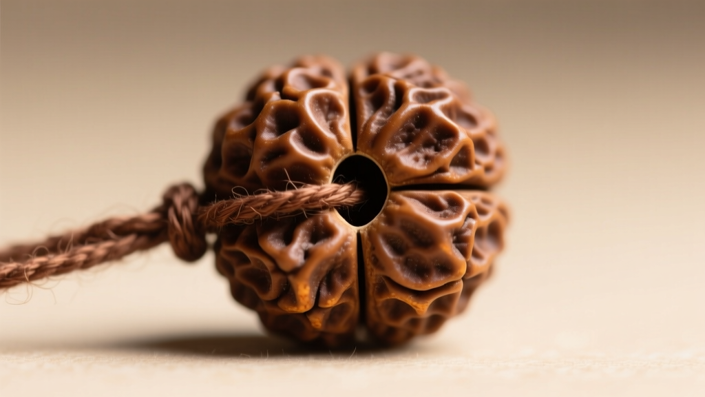 Macro photography of a natural five-mukhi rudraksha seed bead showing deep surface grooves and a threaded brown cotton string.