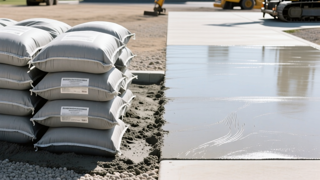 Side-by-side comparison of stacked gray Portland cement bags and a finished smooth concrete driveway surface under bright sunlight