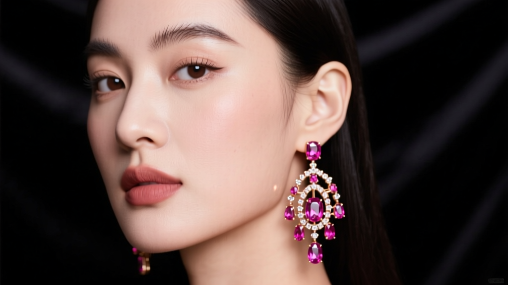 Close-up of a model wearing elaborate pink sapphire and rose gold chandelier earrings against dark velvet, soft studio lighting.