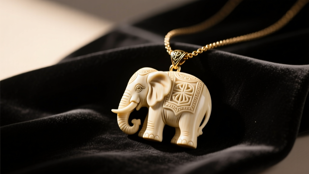 Vintage carved bone elephant necklace pendant resting on dark velvet cloth under warm, directional studio lighting