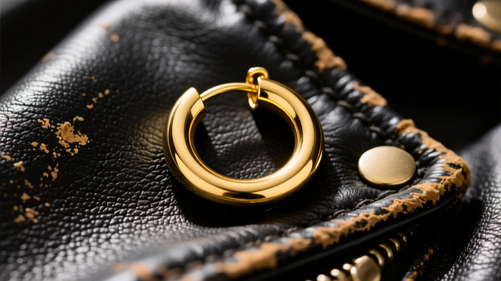 Close-up of a 16-gauge 14k yellow gold huggie hoop with a latch-back closure, resting on a distressed black leather jacket.