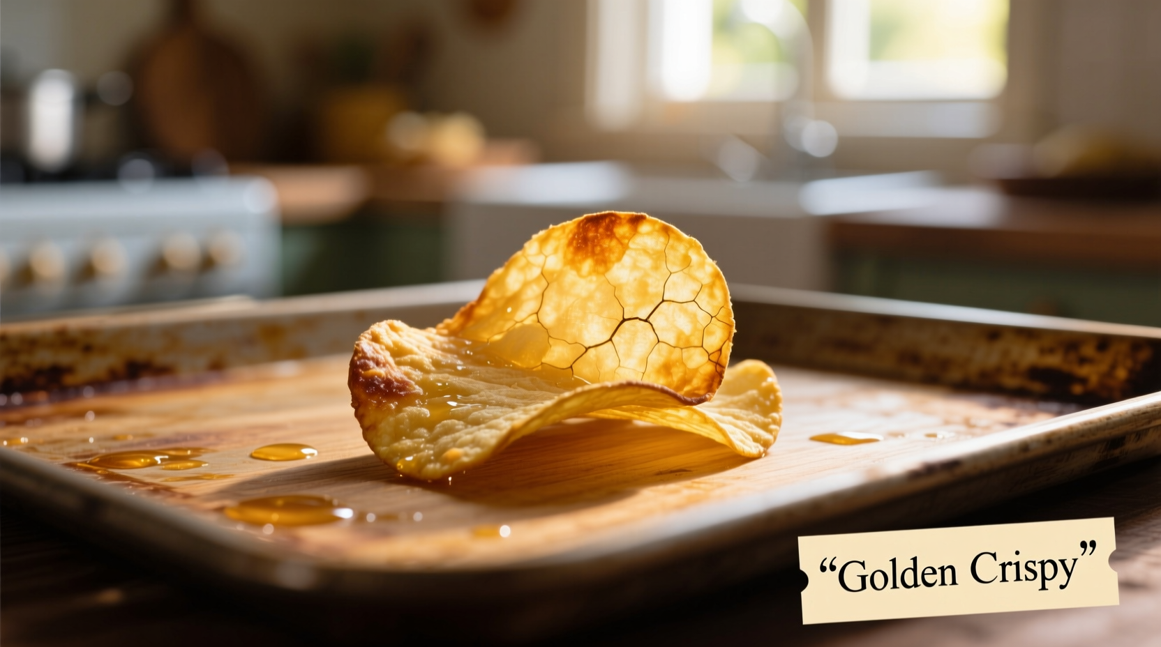 Perfectly golden oven-baked potato chips on baking sheet
