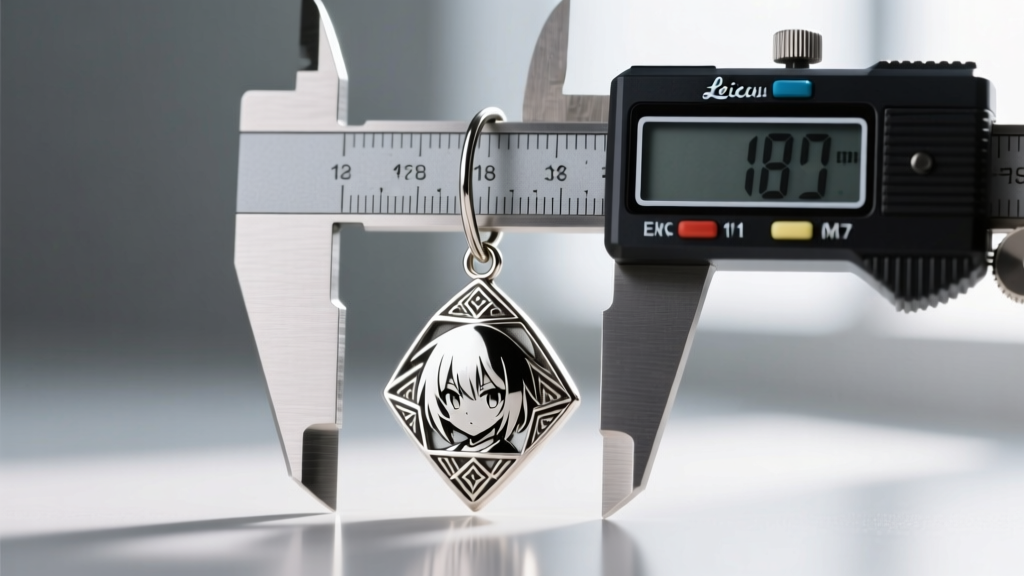 Macro view of an 18-gauge surgical steel earring wire beside a caliper, supporting a heavy metallic anime drop pendant.
