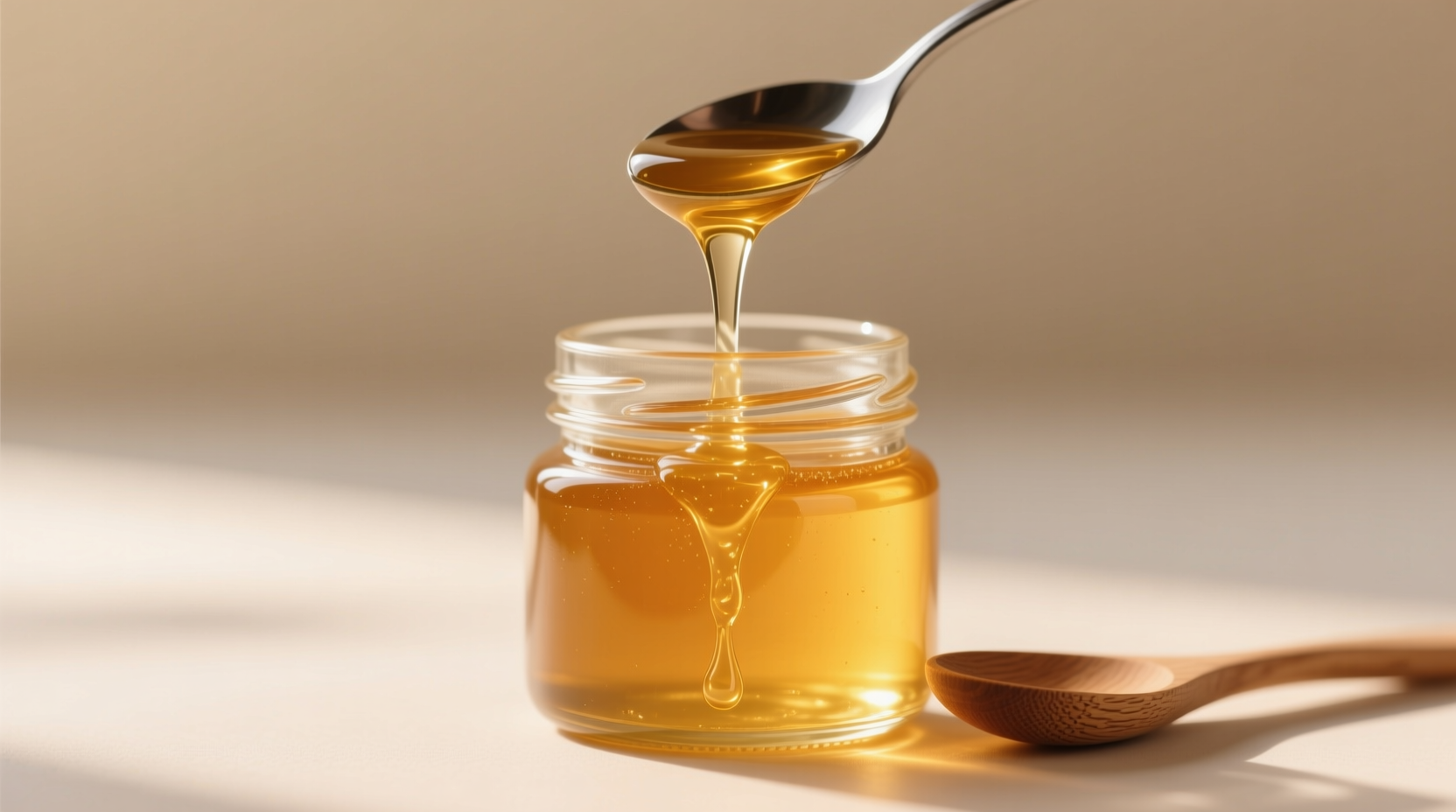 Honey and sugar substitution ratios illustrated with measuring cups on a kitchen counter