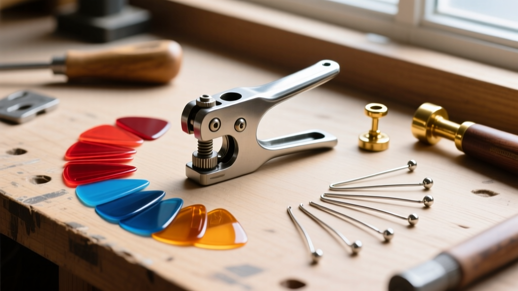 Flat lay of a workbench featuring a guitar pick punch, celluloid picks, brass eyelets, and 18-gauge sterling silver ear wires.