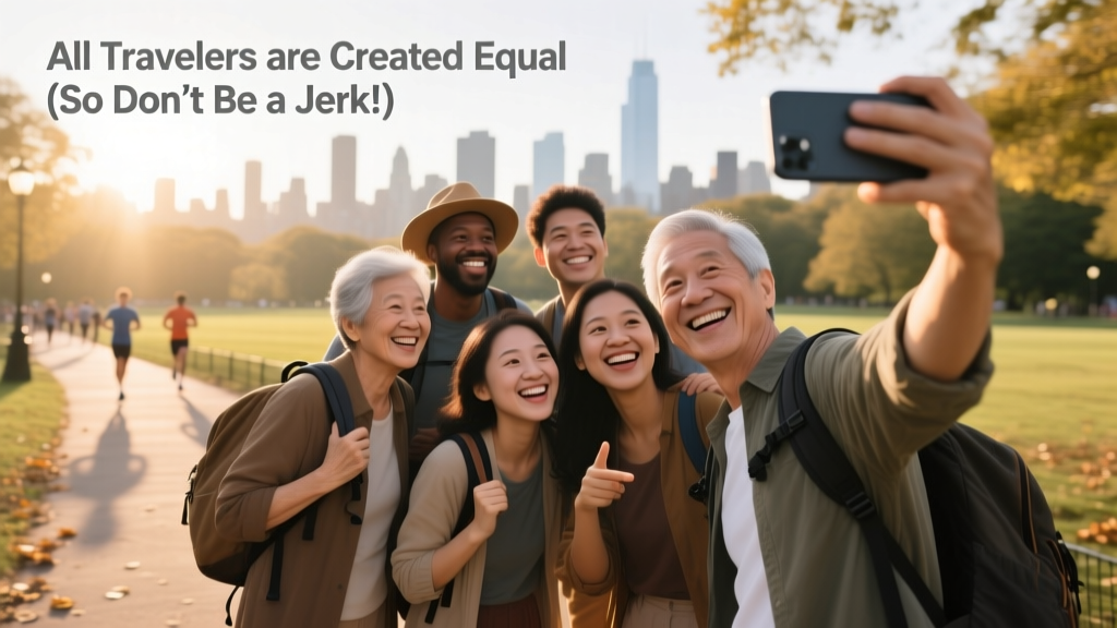 a group of travelers posing for a selfie together