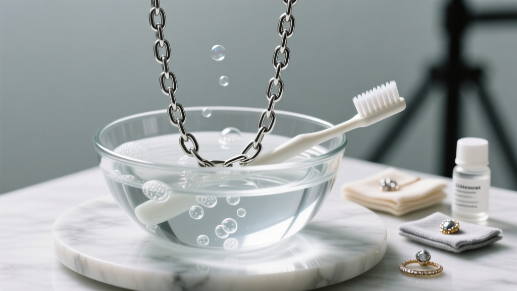 316L steel chain in soapy water in a glass bowl, with a soft toothbrush on the marble rim near the jewelry cleaning supplies.