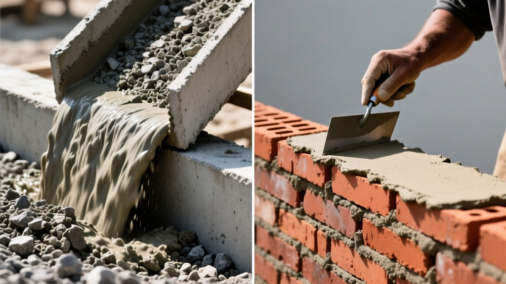 Split-screen comparison showing a thick gravel-heavy concrete slab pour on the left and a mason troweling smooth sand-based mortar between red clay bricks on the right