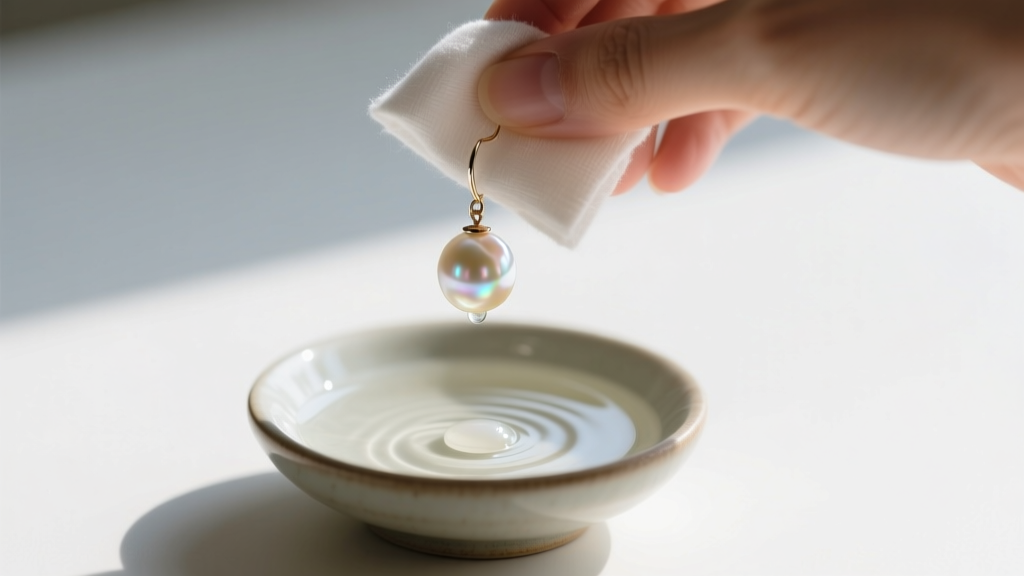 Hands gently wiping a cultured pearl drop earring with a cotton cloth beside a small bowl of distilled water and mild soap.