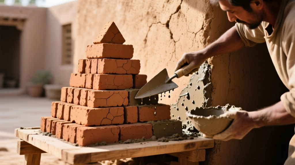 Stacked sun-dried adobe bricks beside a wooden form, with a mason smoothing wet clay mortar onto a thick, textured earthen wall.
