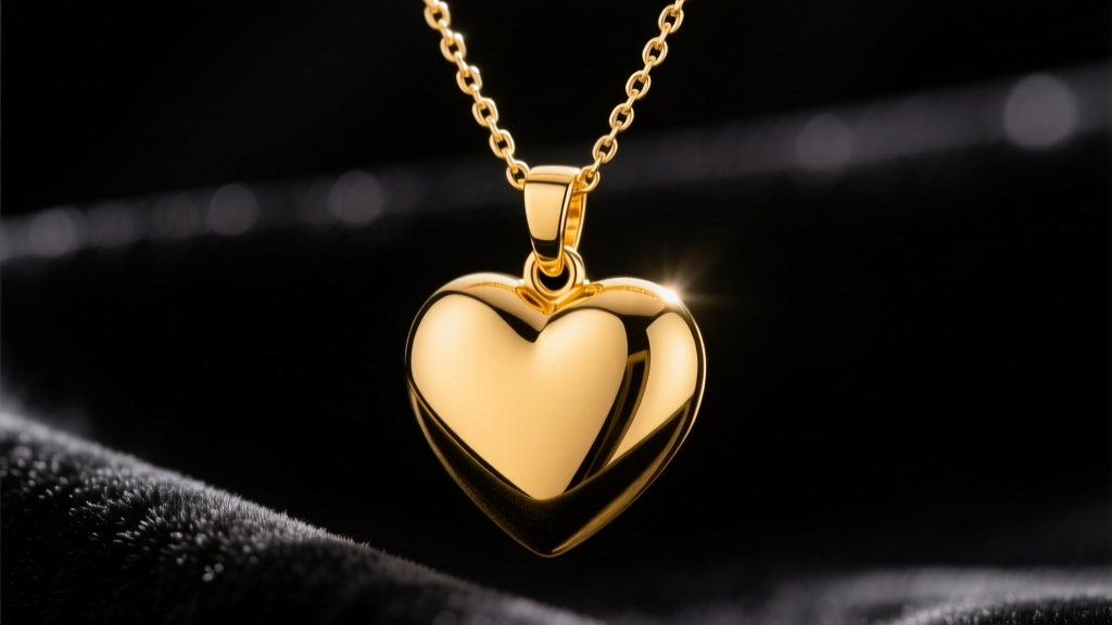 Close-up of a polished 14k yellow gold heart pendant on a delicate box chain against dark velvet, soft studio lighting.
