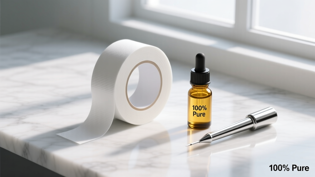 Flat lay of piercing aftercare supplies including white PTFE stretching tape, jojoba oil, and a steel insertion taper on marble