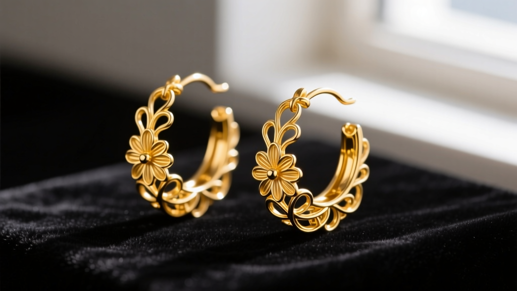 Macro shot of 14k yellow gold filigree hoop earrings featuring delicate floral wirework, resting on dark velvet under soft lighting