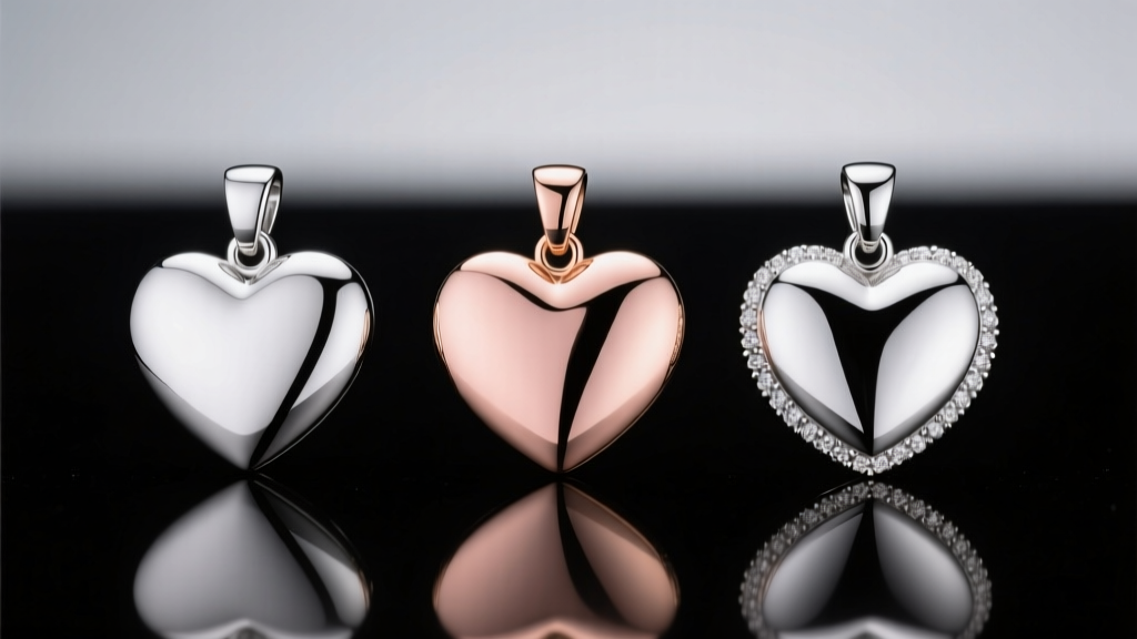 Three heart pendants side-by-side comparing platinum, 14k rose gold, and rhodium-plated silver under bright studio lighting setup.