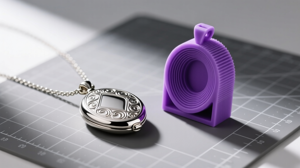 Sketch of an asymmetrical locket necklace next to its corresponding purple 3D-printed resin casting model on a gray cutting mat.