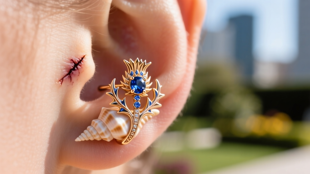 A healed conch piercing displaying an 18k rose gold thistle design with sapphire accents, captured in bright natural daylight