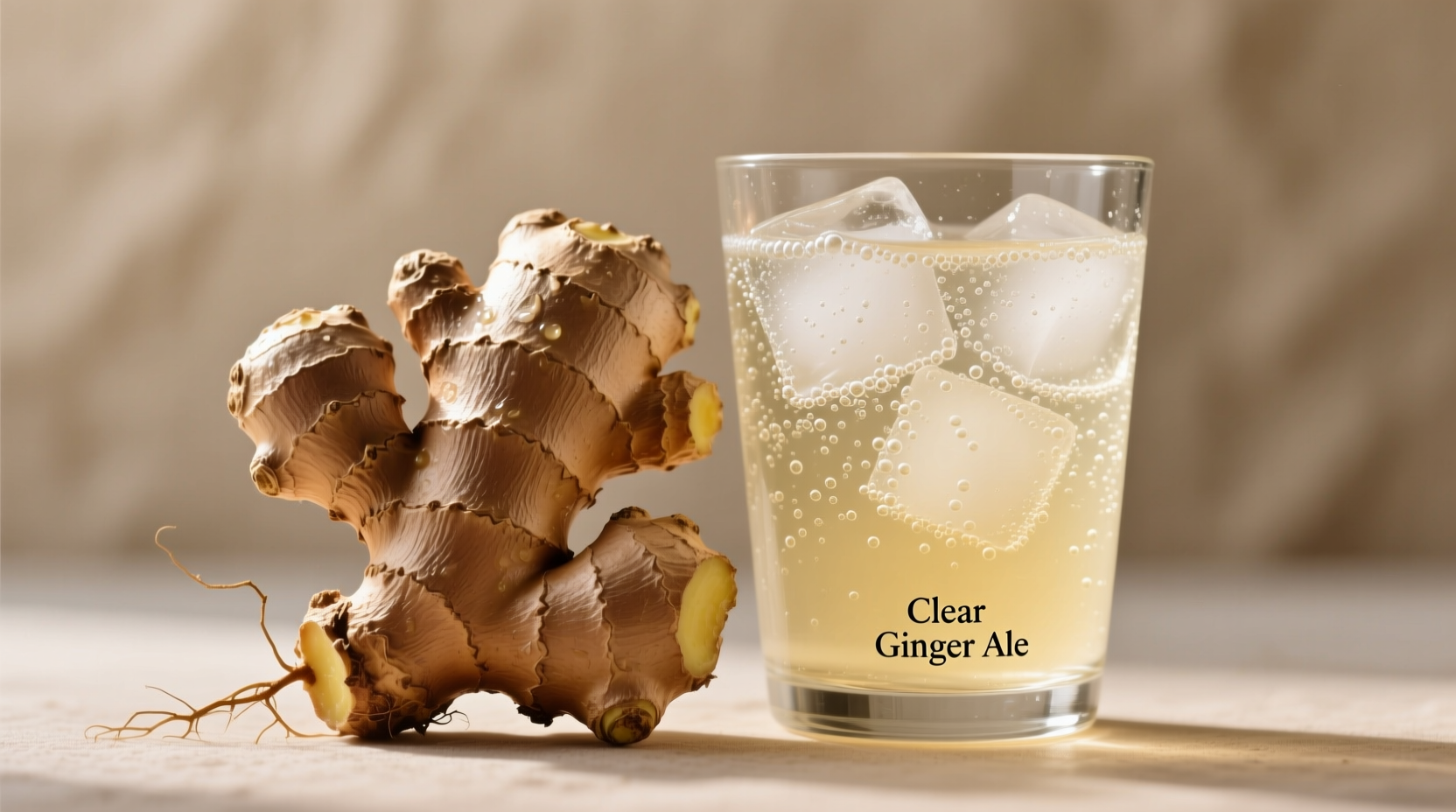 Ginger root and clear ginger ale in a glass