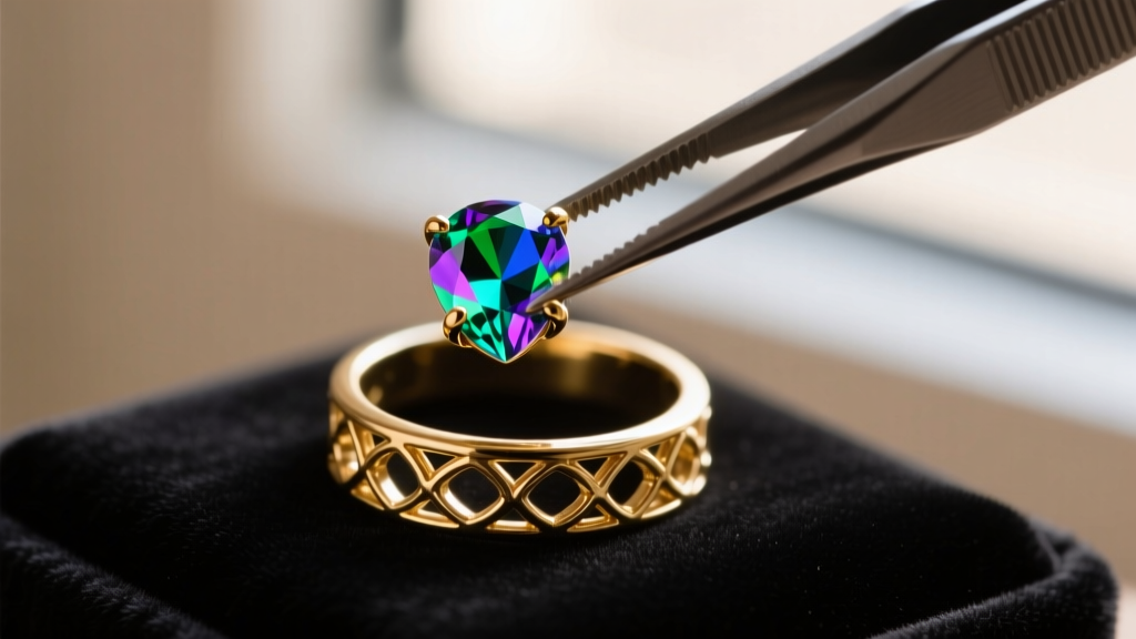 Tweezers placing a replacement aurora borealis glass rhinestone into an empty gold-tone prong setting on an 80s cocktail ring