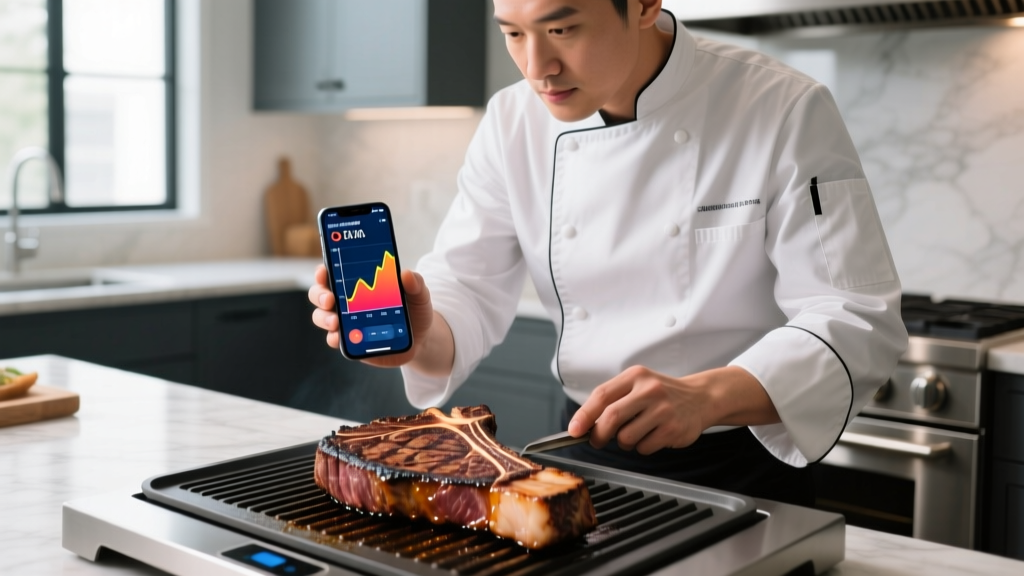 Close-up of a chef using a smartphone app to monitor the internal temperature of a thick tomahawk ribeye cooking on a smart grill.