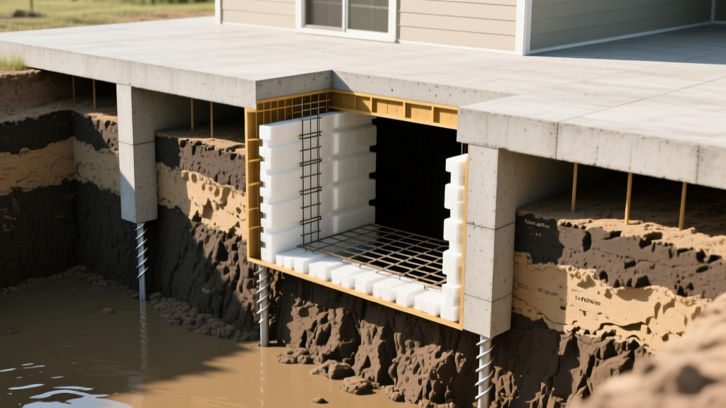 Cross-section diagram of a residential foundation in Jackson Mississippi showing drilled concrete piers penetrating expansive Yazoo clay with a structural void form beneath the slab