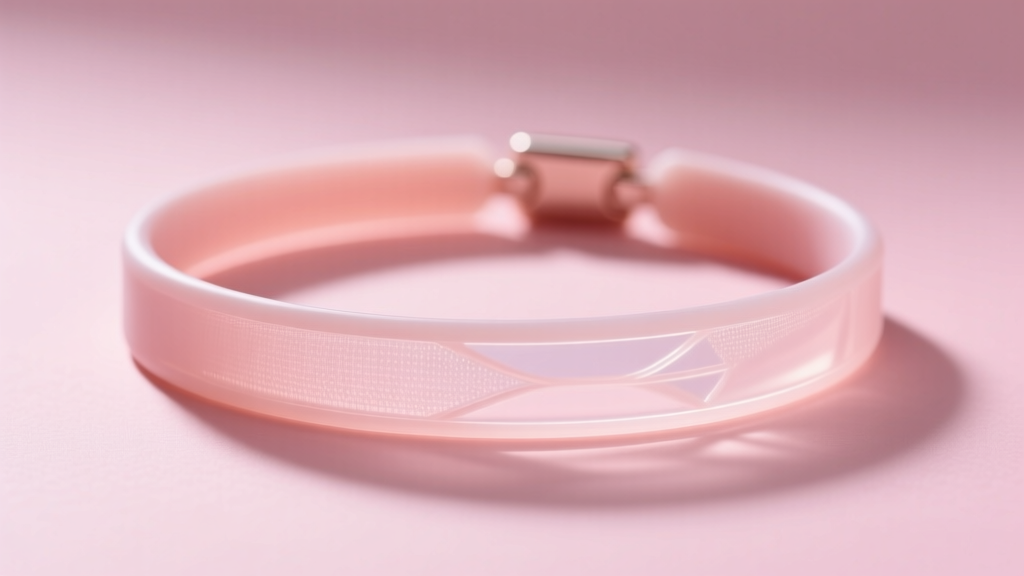 Medical-grade silicone necklace choker tattoo stretched to show elasticity on a pastel pink background, macro shot.