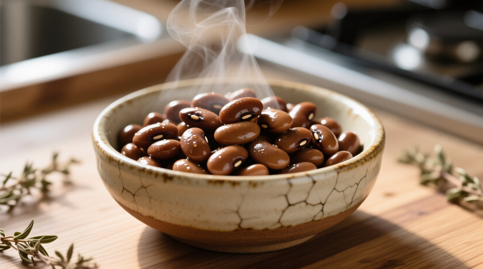 Perfectly cooked brown beans in ceramic bowl