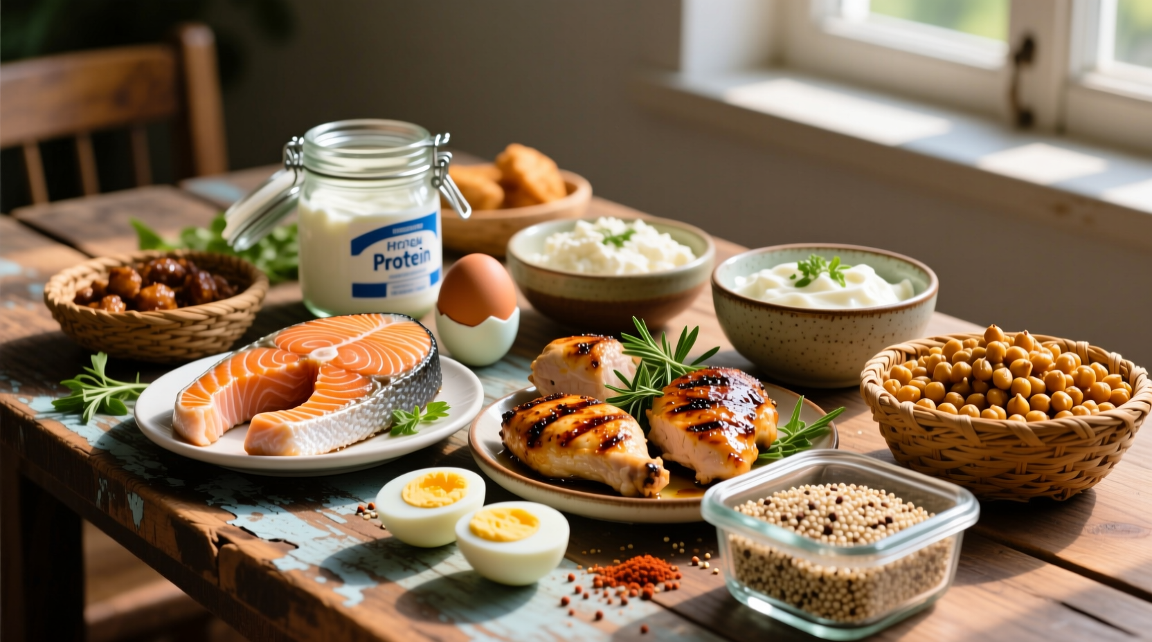 Colorful assortment of high-protein foods on wooden table