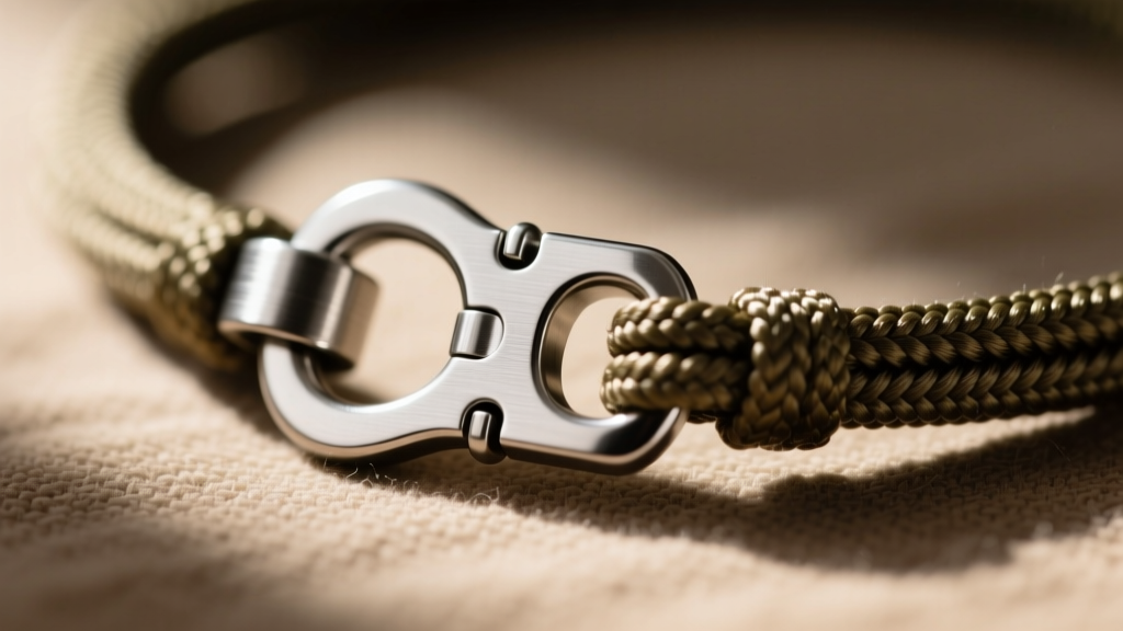 Macro view of a 316L stainless steel toggle clasp on a braided paracord necklace, highlighting metal grain and threading details.
