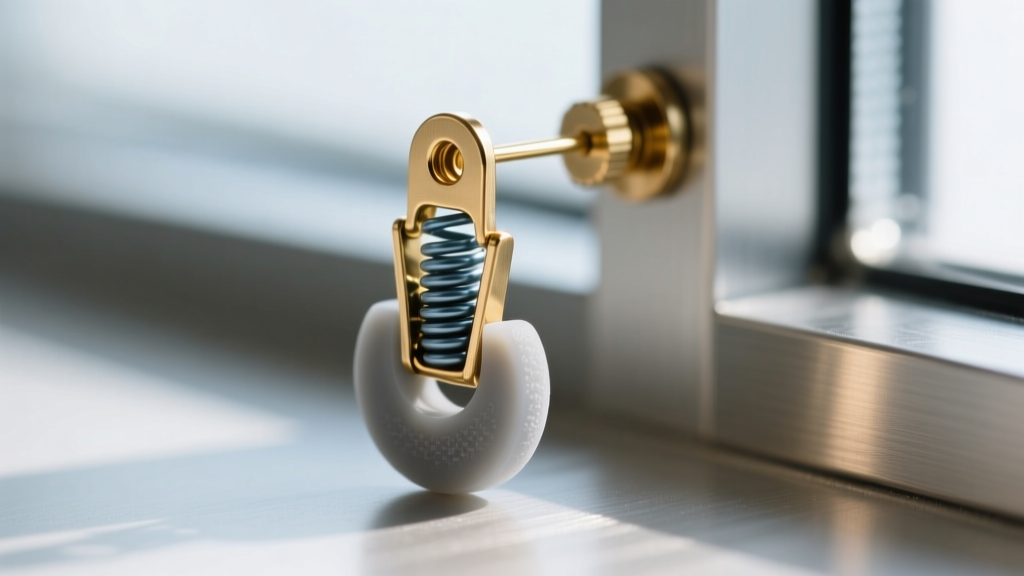 Macro shot of a spring-loaded clip-on earring mechanism with silicone pad, highlighting the tension coil and brass hinge joint