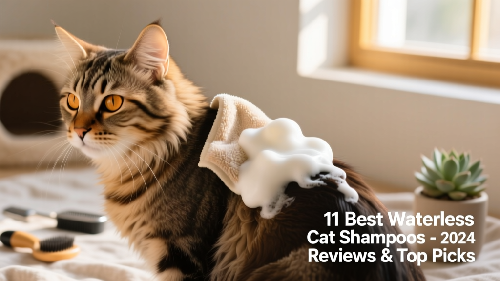 Close-up of a calm cat being gently wiped with a waterless shampoo foam on a soft towel