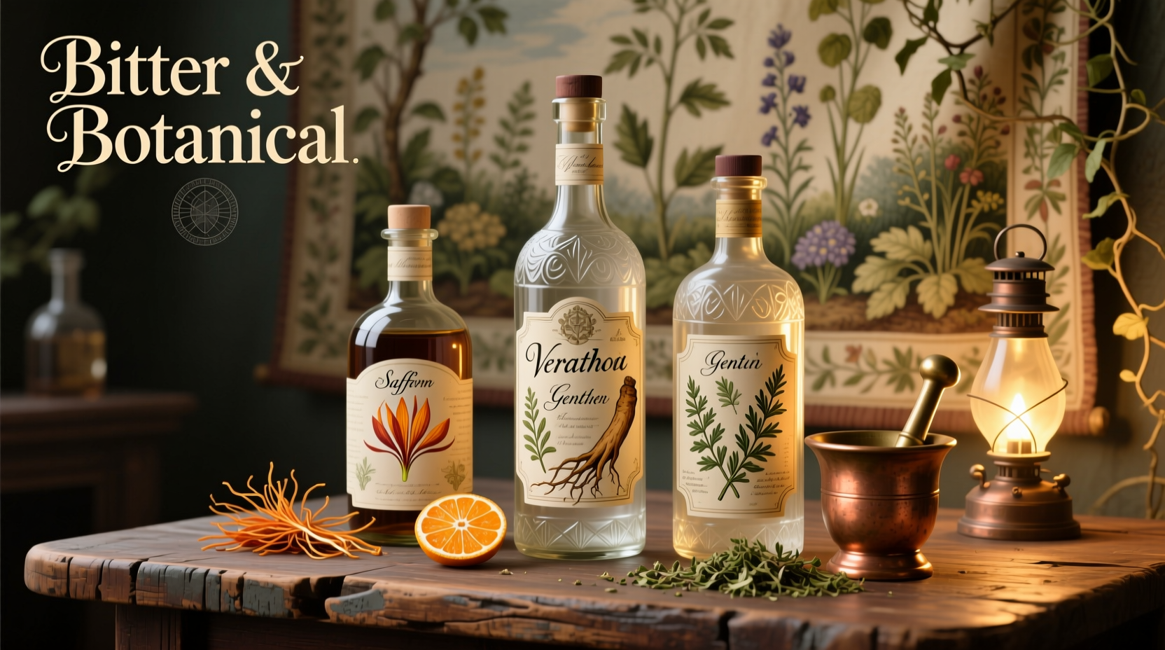 Vermouth bottles with botanical ingredients