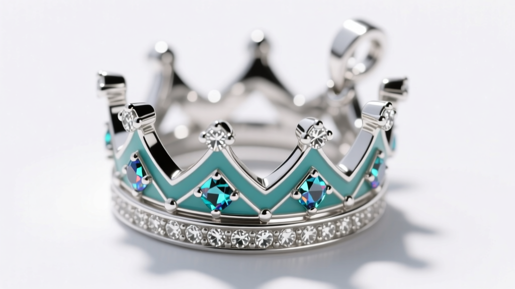 Macro shot of epoxy cold enamel and glass rhinestone prong settings on the back of a silver-tone crown fashion jewelry pendant.