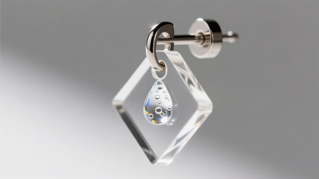 Macro shot of a 20-gauge stainless steel earring post secured to a laser-cut acrylic dangle using a precise drop of UV resin.